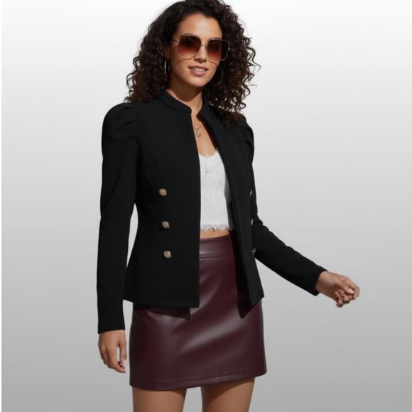 SHEIN Double Breasted Open Front Jacket Puff Sleeve Stand Collar Black Medium - Picture 1 of 10